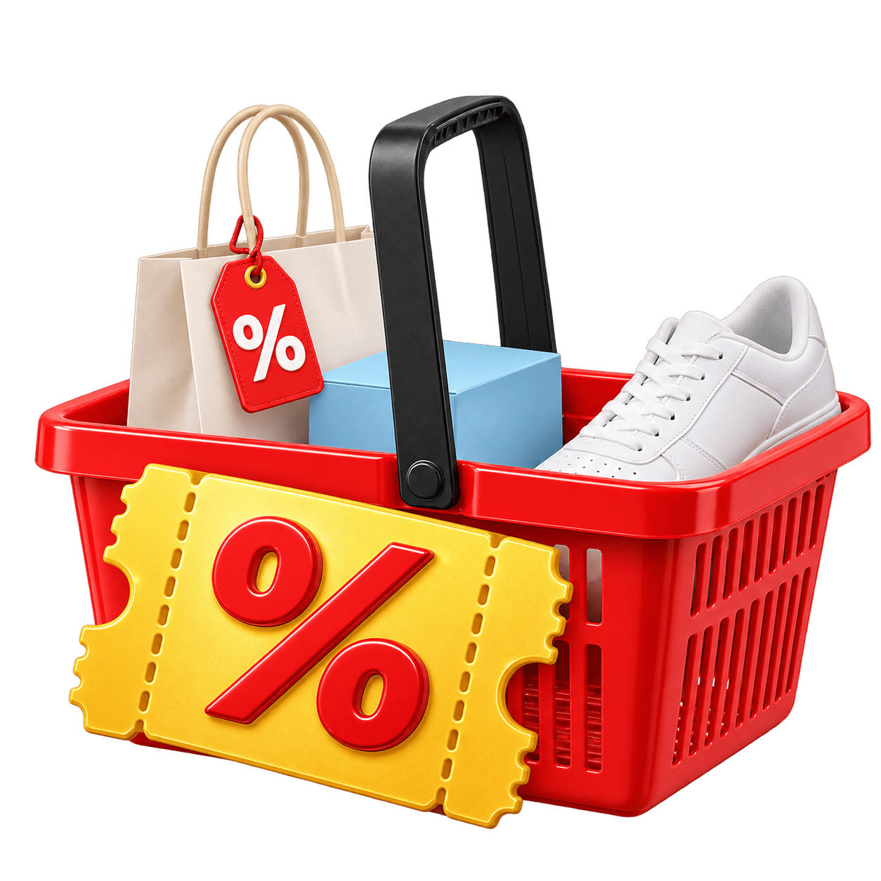 A red shopping basket with a paper bag, a blue box and a white sneaker